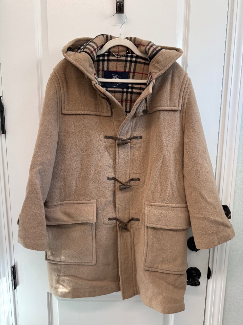 Burberry Vintage Camel Beige Wool Hooded Toggle Duffle Coat Size M / L Regular